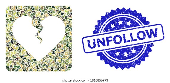 Military camouflage collage of divorce heart, and Unfollow rubber rosette seal print. Blue stamp seal has Unfollow caption inside rosette. Mosaic divorce heart designed with camouflage texture.