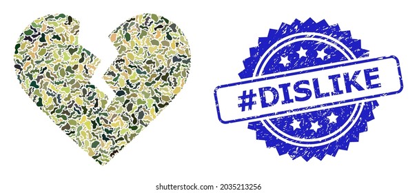 Military camouflage collage of divorce heart, and hashtag Dislike rubber rosette stamp. Blue stamp includes hashtag Dislike tag inside rosette. Mosaic divorce heart constructed with camouflage spots.