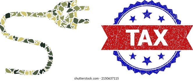 Military camouflage collage of electric plug cable icon, and bicolor rubber Tax seal. Vector seal with Tax title inside red ribbon and blue rosette, scratched bicolored style.