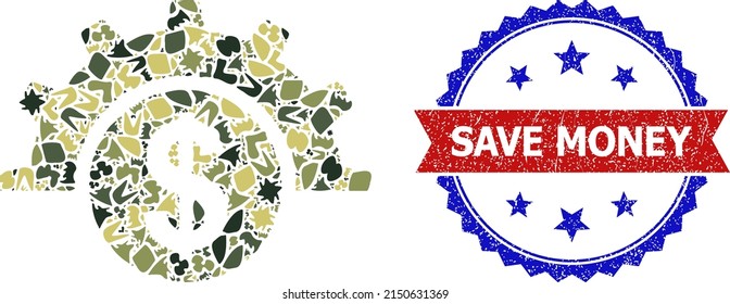 Military camouflage collage of financial industry icon, and bicolor rubber Save Money seal stamp. Vector seal with Save Money title inside red ribbon and blue rosette, scratched bicolored style.