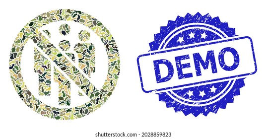 Military camouflage collage of forbidden crowd, and Demo corroded rosette stamp seal. Blue stamp seal has Demo text inside rosette. Mosaic forbidden crowd constructed with camouflage items.