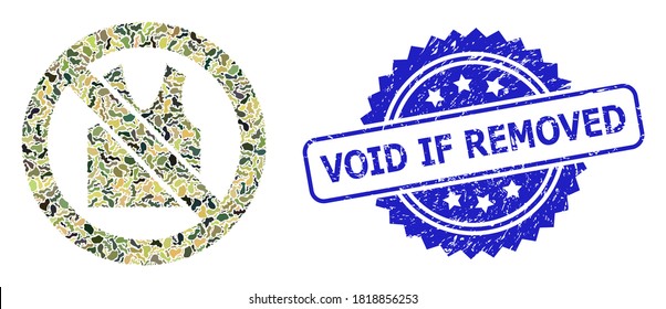 Military camouflage collage of forbidden open clothes, and Void If Removed unclean rosette stamp seal. Blue stamp seal contains Void If Removed caption inside rosette.