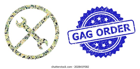 Military camouflage collage of forbidden repair, and Gag Order dirty rosette stamp seal. Blue stamp includes Gag Order title inside rosette. Mosaic forbidden repair designed with camouflage elements.