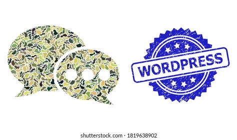 Military camouflage collage of forum messages, and Wordpress rubber rosette stamp seal. Blue stamp seal includes Wordpress title inside rosette.