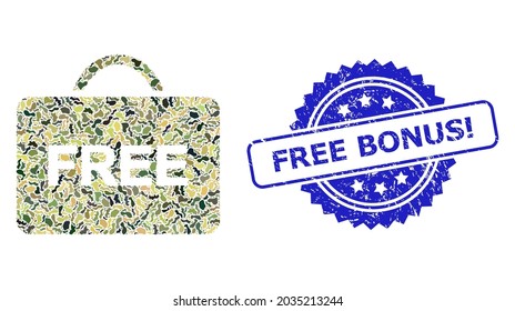 Military camouflage collage of free case, and Free Bonus Exclamation textured rosette stamp. Blue stamp seal has Free Bonus Exclamation caption inside rosette. Mosaic free case constructed with