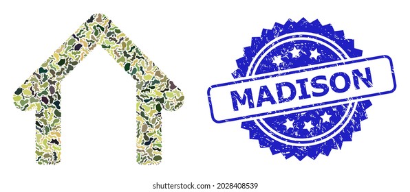 Military camouflage collage of garage, and Madison scratched rosette stamp. Blue stamp includes Madison title inside rosette. Mosaic garage designed with camouflage elements.