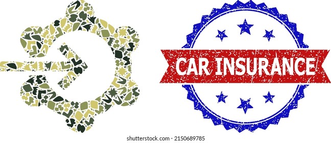 Military Camouflage Collage Of Gear Wheel Integration Icon, And Bicolor Scratched Car Insurance Seal Stamp. Vector Seal With Car Insurance Title Inside Red Ribbon And Blue Rosette,