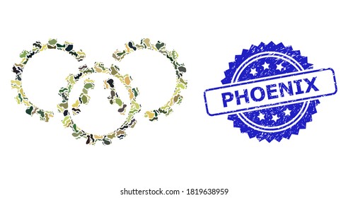 Military camouflage collage of gears, and Phoenix dirty rosette stamp seal. Blue seal contains Phoenix tag inside rosette. Mosaic gears designed with camouflage spots.