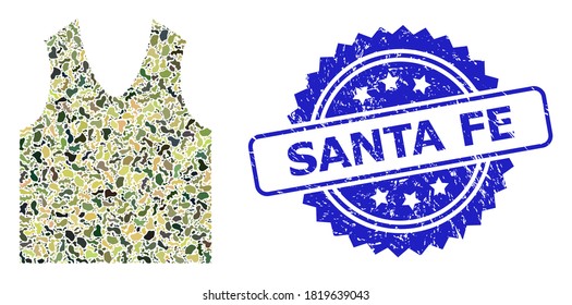Military camouflage collage of gilet, and Santa Fe rubber rosette seal imitation. Blue stamp seal contains Santa Fe text inside rosette. Mosaic gilet constructed with camouflage elements.