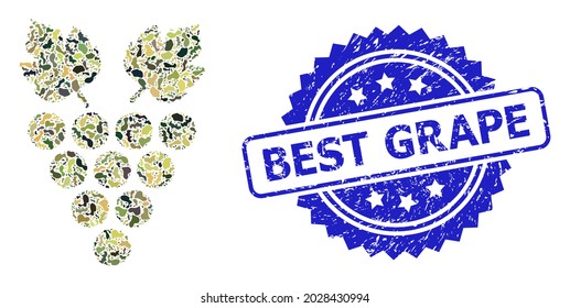 Military camouflage collage of grape, and Best Grape rubber rosette seal. Blue stamp seal includes Best Grape tag inside rosette. Mosaic grape designed with camouflage spots.