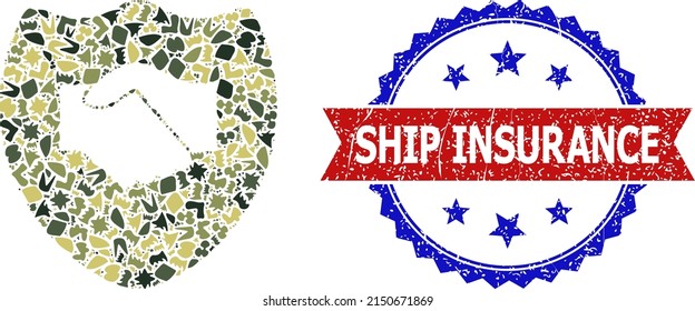 Military Camouflage Collage Of Handshake Shield Icon, And Bicolor Rubber Ship Insurance Seal Stamp. Vector Seal With Ship Insurance Title Inside Red Ribbon And Blue Rosette, Scratched Bicolored Style.