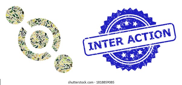 Military camouflage collage of joint connector, and Inter Action rubber rosette stamp seal. Blue stamp seal contains Inter Action title inside rosette.