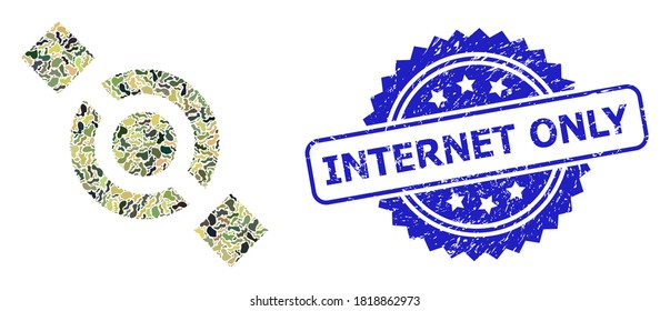 Military camouflage collage of joint node, and Internet Only unclean rosette stamp seal. Blue stamp seal contains Internet Only title inside rosette.