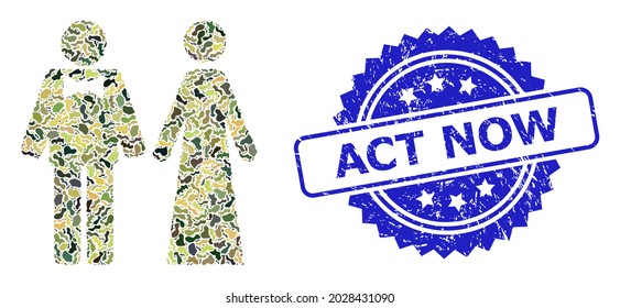 Military camouflage collage of just married persons, and Act Now scratched rosette stamp. Blue stamp seal contains Act Now caption inside rosette.