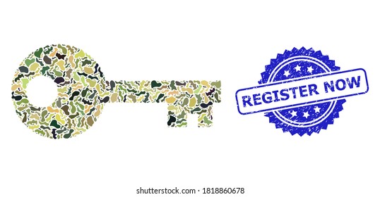 Military camouflage collage of key, and Register Now textured rosette stamp seal. Blue stamp seal includes Register Now tag inside rosette. Mosaic key designed with camouflage elements.
