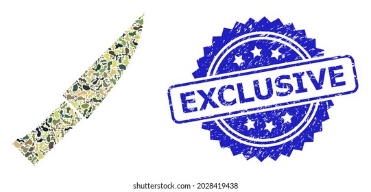 Military camouflage collage of knife, and Exclusive rubber rosette seal print. Blue seal includes Exclusive caption inside rosette. Mosaic knife designed with camouflage spots.