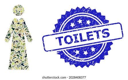 Military camouflage collage of lady, and Toilets unclean rosette seal print. Blue seal contains Toilets tag inside rosette. Mosaic lady designed with camouflage elements.