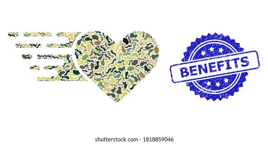 Military camouflage collage of love heart, and Benefits scratched rosette stamp. Blue stamp contains Benefits title inside rosette. Mosaic love heart constructed with camouflage texture.