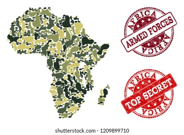 Military camouflage collage of map of Africa and red grunge seals. Vector top secret and armed forces seals with retro rubber texture. Army flat design for military posters.