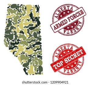 Military camouflage collage of map of Alberta Province and red unclean seals. Vector top secret and armed forces seals with unclean rubber texture. Army flat design for military templates.