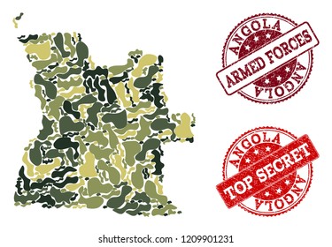 Military camouflage collage of map of Angola and red rubber stamps. Vector top secret and armed forces watermarks with unclean rubber texture. Army flat design for military posters.