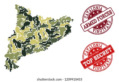 Military camouflage collage of map of Catalonia and red rubber seals. Vector top secret and armed forces imprints with scratched rubber texture. Army flat design for military posters.