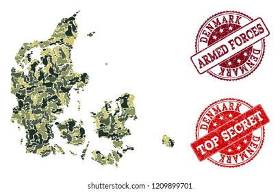 Military camouflage collage of map of Denmark and red rubber seal stamps. Vector top secret and armed forces imprints with unclean rubber texture. Army flat design for military illustrations.