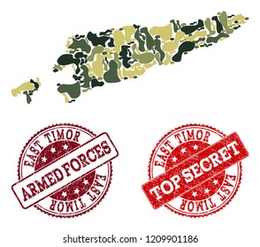 Military camouflage collage of map of East Timor and red corroded seals. Vector top secret and armed forces seals with distress rubber texture. Army flat design for military purposes.