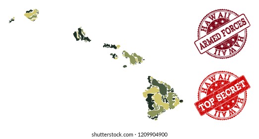 Military camouflage collage of map of Hawaii State and red scratched seal stamps. Vector top secret and armed forces watermarks with corroded rubber texture. Army flat design for military templates.