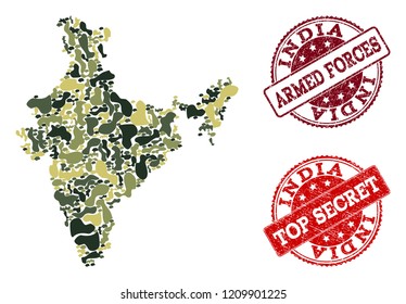 Military camouflage collage of map of India and red rubber stamps. Vector top secret and armed forces watermarks with distress rubber texture. Army flat design for political posters.