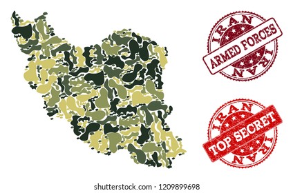 Military camouflage collage of map of Iran and red rubber stamps. Vector top secret and armed forces imprints with corroded rubber texture. Army flat design for military illustrations.