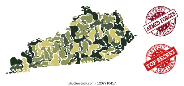 Military camouflage collage of map of Kentucky State and red rubber seals. Vector top secret and armed forces watermarks with grunge rubber texture. Army flat design for military illustrations.