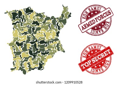 Military camouflage collage of map of Koh Samui and red scratched seals. Vector top secret and armed forces seals with retro rubber texture. Army flat design for military templates.