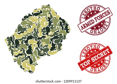Military camouflage collage of map of Lesotho and red grunge seals. Vector top secret and armed forces seals with scratched rubber texture. Army flat design for military purposes.
