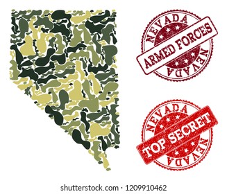 Military camouflage collage of map of Nevada State and red rubber seals. Vector top secret and armed forces seals with corroded rubber texture. Army flat design for patriotic posters.