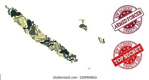 Military camouflage collage of map of New Caledonia and red grunge seals. Vector top secret and armed forces seals with scratched rubber texture. Army flat design for military templates.