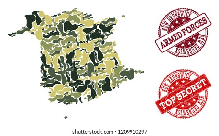 Military camouflage collage of map of New Brunswick Province and red grunge seals. Vector top secret and armed forces seals with distress rubber texture. Army flat design for political purposes.