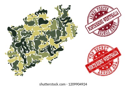 Military camouflage collage of map of North Rhine-Westphalia State and red rubber seal stamps. Vector top secret and armed forces imprints with unclean rubber texture.