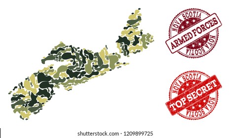 Military camouflage collage of map of Nova Scotia Province and red unclean seals. Vector top secret and armed forces watermarks with retro rubber texture. Army flat design for military templates.