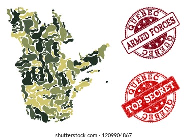 Military camouflage collage of map of Quebec Province and red rubber stamps. Vector top secret and armed forces seals with retro rubber texture. Army flat design for military posters.