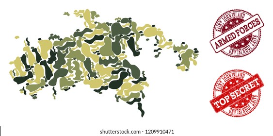 Military camouflage collage of map of Saint John Island and red unclean seals. Vector top secret and armed forces seals with unclean rubber texture. Army flat design for military templates.