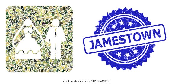 Military camouflage collage of marriage persons, and Jamestown rubber rosette seal imitation. Blue stamp seal contains Jamestown tag inside rosette.