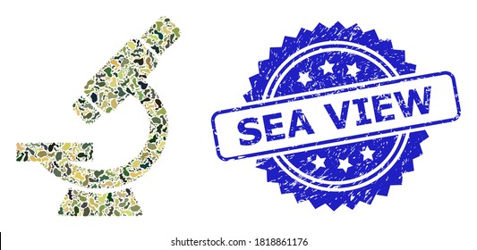 Military camouflage collage of microscope, and Sea View textured rosette stamp seal. Blue stamp includes Sea View caption inside rosette. Mosaic microscope constructed with camouflage elements.