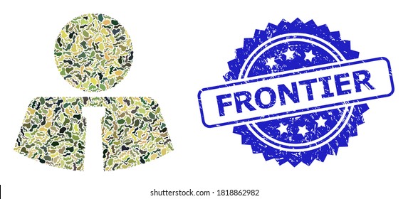 Military camouflage collage of mister, and Frontier grunge rosette seal print. Blue seal has Frontier title inside rosette. Mosaic mister designed with camouflage spots.