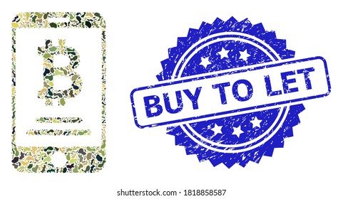 Military camouflage collage of mobile bitcoin account, and Buy to Let unclean rosette seal. Blue stamp seal includes Buy to Let caption inside rosette.
