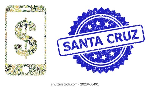 Military camouflage collage of mobile dollar bank, and Santa Cruz grunge rosette stamp. Blue stamp contains Santa Cruz text inside rosette. Mosaic mobile dollar bank designed with camouflage items.