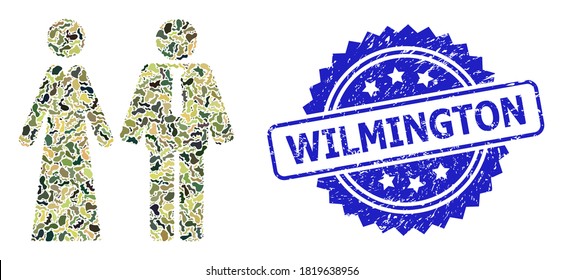 Military camouflage collage of newlyweds, and Wilmington grunge rosette stamp. Blue stamp seal includes Wilmington caption inside rosette. Mosaic newlyweds designed with camouflage elements.