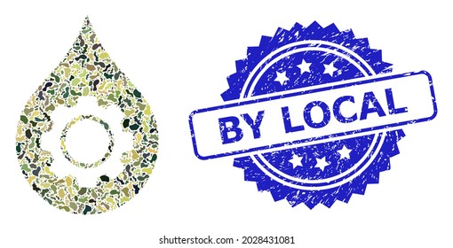 Military camouflage collage of oil industry gear, and By Local scratched rosette seal print. Blue stamp seal includes By Local tag inside rosette. Mosaic oil industry gear designed with camo texture.