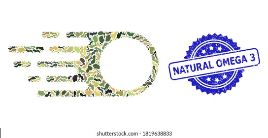 Military camouflage collage of photon flight, and Natural Omega 3 dirty rosette stamp. Blue stamp contains Natural Omega 3 caption inside rosette.