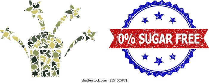 Military camouflage collage of popcorn fireworks icon, and bicolor scratched 0 percent Sugar Free seal stamp. Vector watermark with 0 percent Sugar Free tag inside red ribbon and blue rosette,